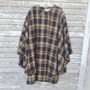 Avoca Collection Ireland Wool Plaid Cape Poncho with Button Closure Size 2